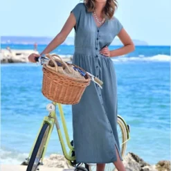 Robe D'été Imitation Jean Col V Et Mancherons