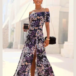 Robe Longue Encolure Carmen Avec Manches Courtes