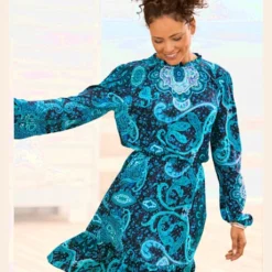 Robe Imprimée Encolure Haute Volantée