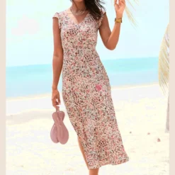 Robe Longue Col V Chevauchant Avec Bouton-pression